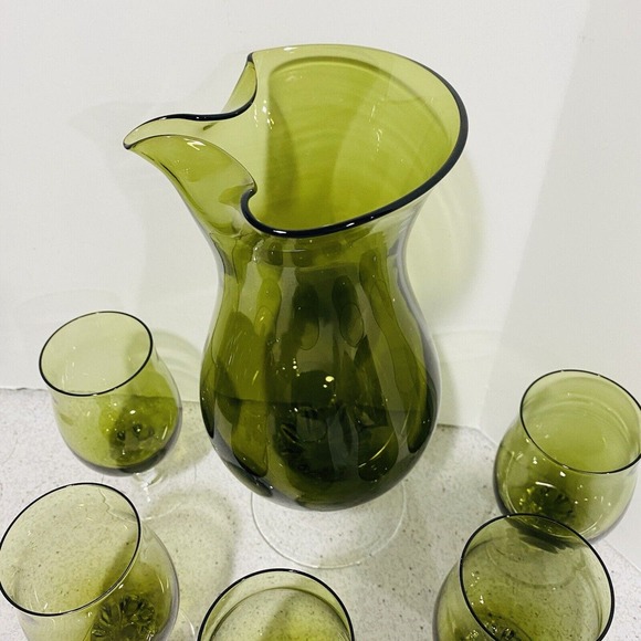VTG Sasaki Cocktail Set Olive Green Art Glass Pitcher Decanter & 5 Wine Glasses - Picture 4 of 10